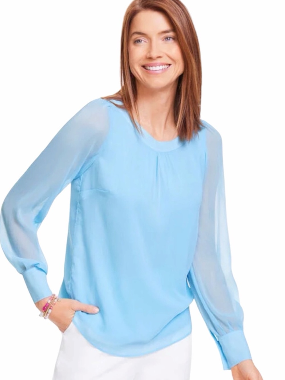 Talbots Pale Blue Tie Back  Chiffon-Sleeve Blouse. Size XS